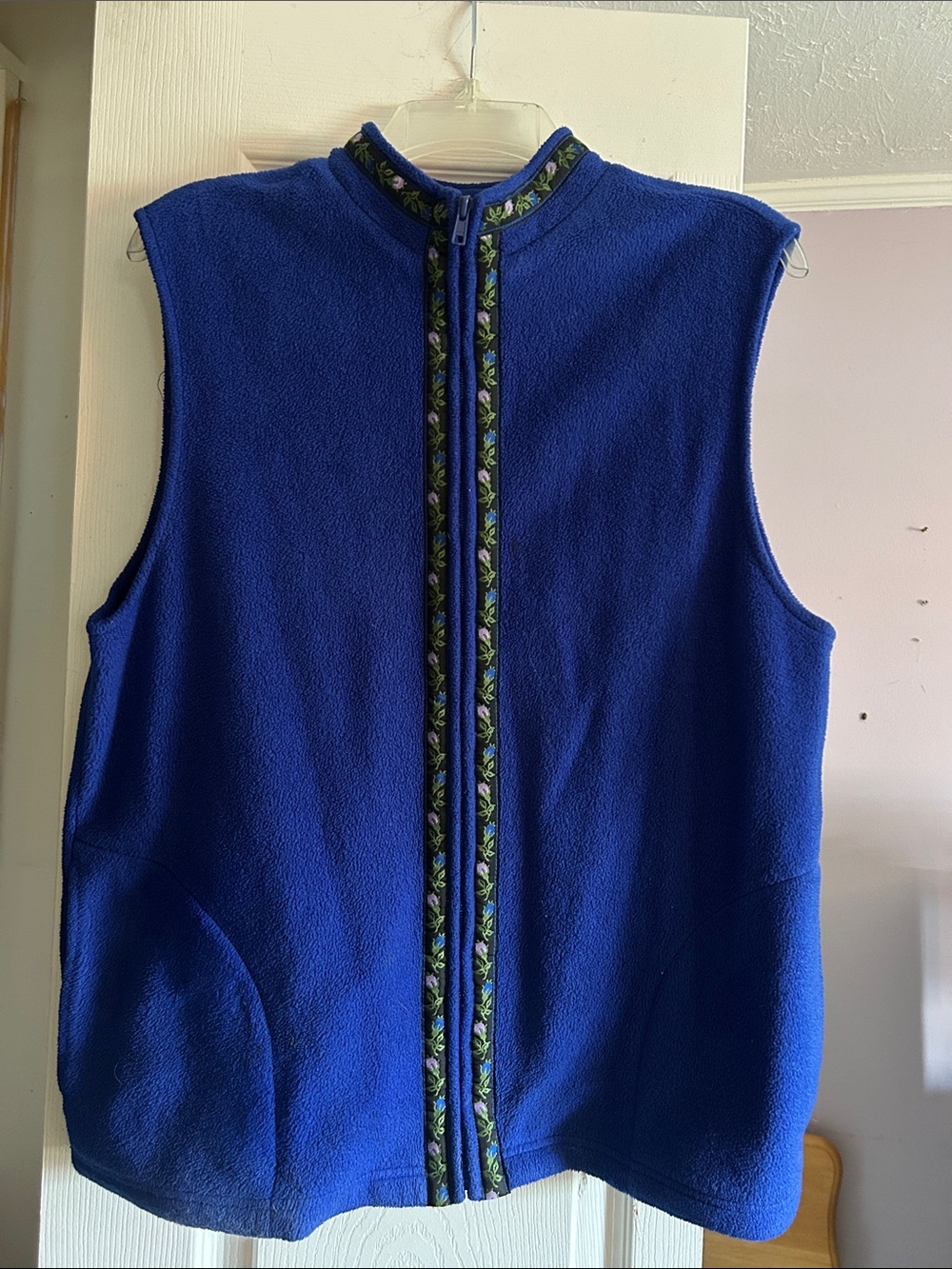 Susan Graver Royal Blue Sleeveless Fleece Vest with Floral Trim